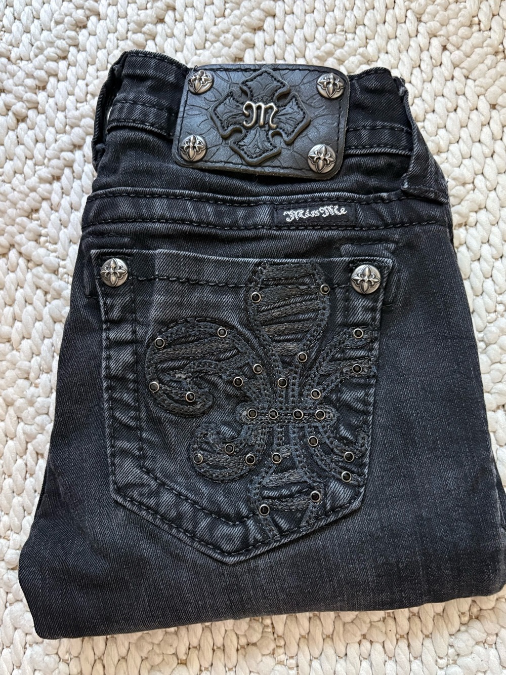 Miss Me Charcoal Black Skinny Jeans with Patch Waistband